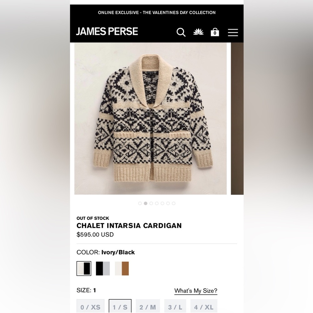 NWT James Peres CHALET INTARSIA CARDIGAN ivory/black